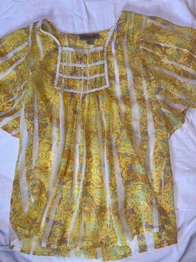 Vera Bradley Yellow Patterned Sheer Boho Blouse